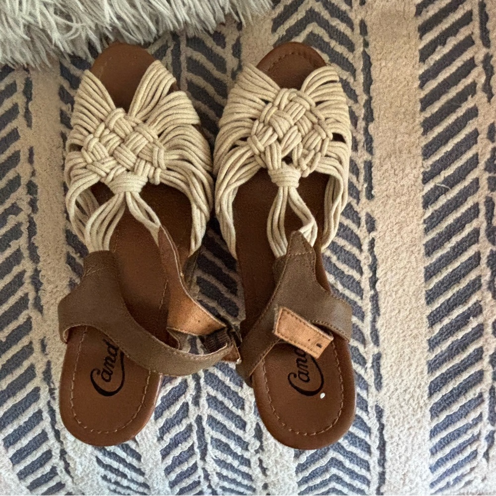 Candie's Cream and Tan Woven Sandals
